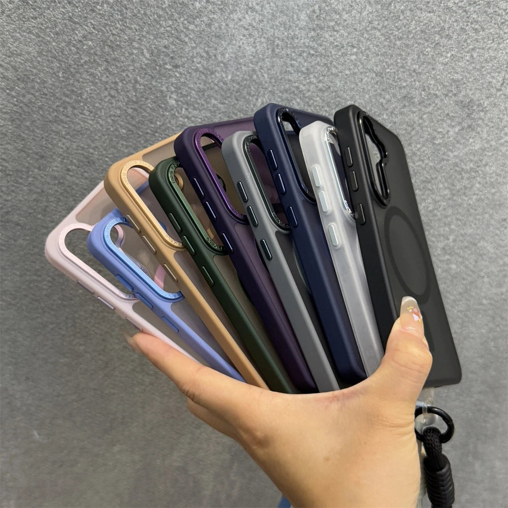 Luxury Matte Magnetic Lanyard Case for Samsung Galaxy S26 S25 Ultra S23 Plus S24 FE Hand Wrist Strap Frosted Shockproof Cover