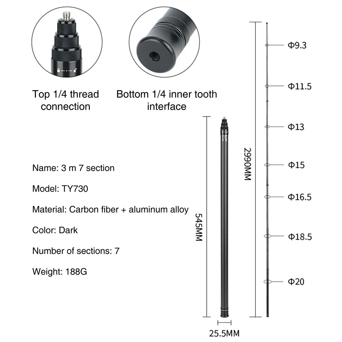 Carbon Fiber Selfie Stick for DJI Osmo Action Insta360 GoPro Action Camera Extended Sticks with 1/4" Hole for Tripod