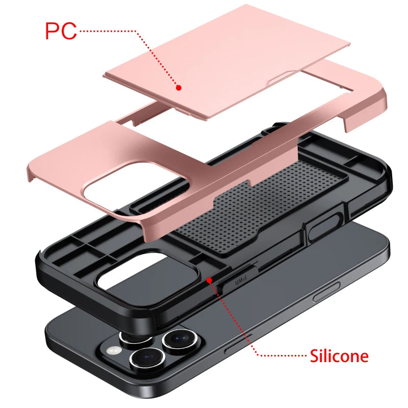 Push Pull Wallet Card Slot Solid Color Shockproof Phone Case For iPhone 16 Pro Max 14 11 12 13 15 Pro Max Mini Bumper Back Cover