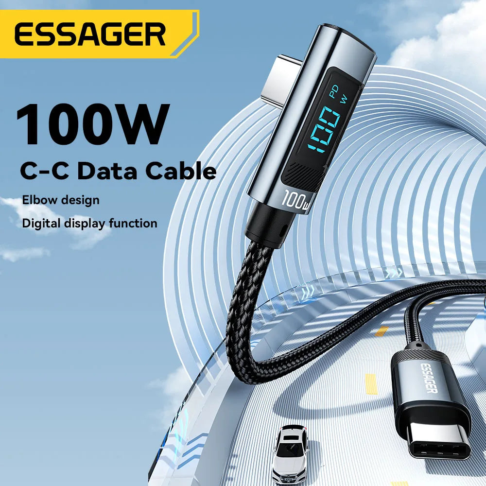 Essager PD100W USB C to Type C Cable Fast Charging Cable 90 Degree Elbow With Display For Iphone 15 Huawei Samsung Macbook Pro