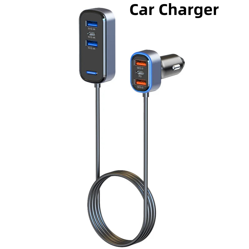 Car Charger USB C Adapter, 75.5W Car Charger 6-Port, High-Speed Car Accessories With Quick Charge PD 3.0 & 2.4A Dual Port, With 5FT Cable, For IPhone,For Android