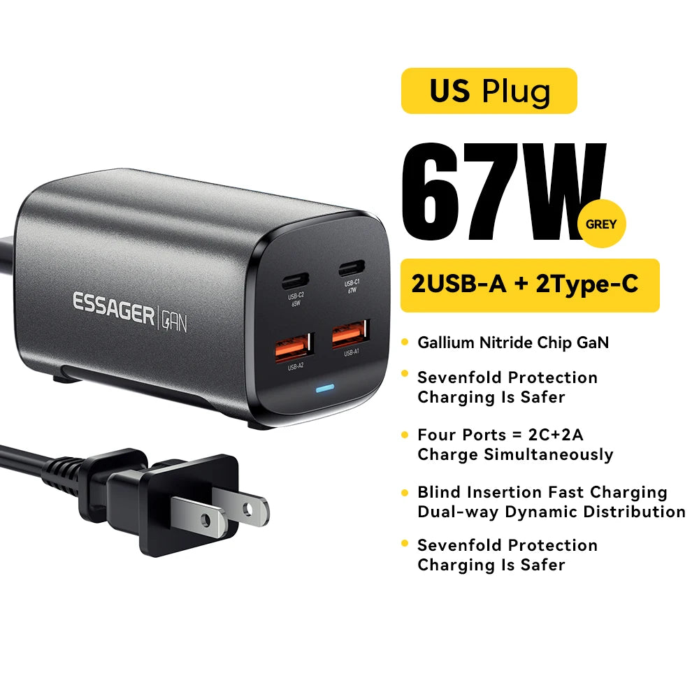 Essager 67W USB C GaN Charger Desktop Quick Charge 4.0 QC 3.0 PD Type C Fast Charging For MacBook Samsung POPC iPhone 15 Laptop