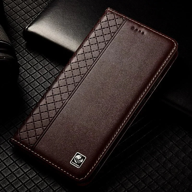 For APPLE iPhone 17 16 16E 15 14 Pro Max Air Plus Flip Case Grid Pattern Magnetic Cover Cowhide Genuine Leather Wallet Covers
