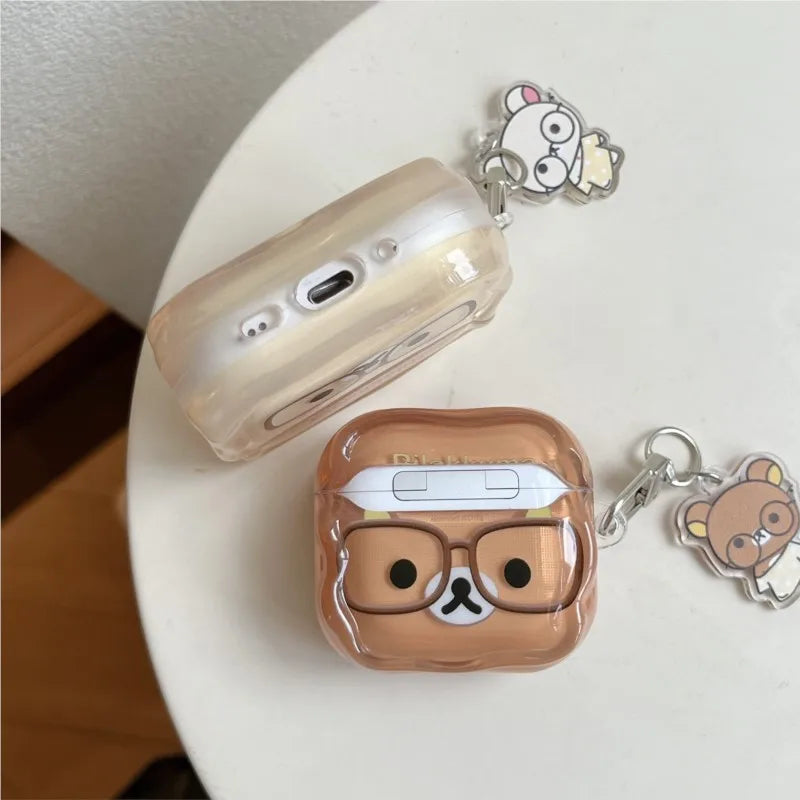 Korean Cute Rilakkuma Glasses Clear AirPods Case with Keychain for AirPods 1 2 3 4 Pro 2 Pro 3 Cute Shockproof Protective Cover