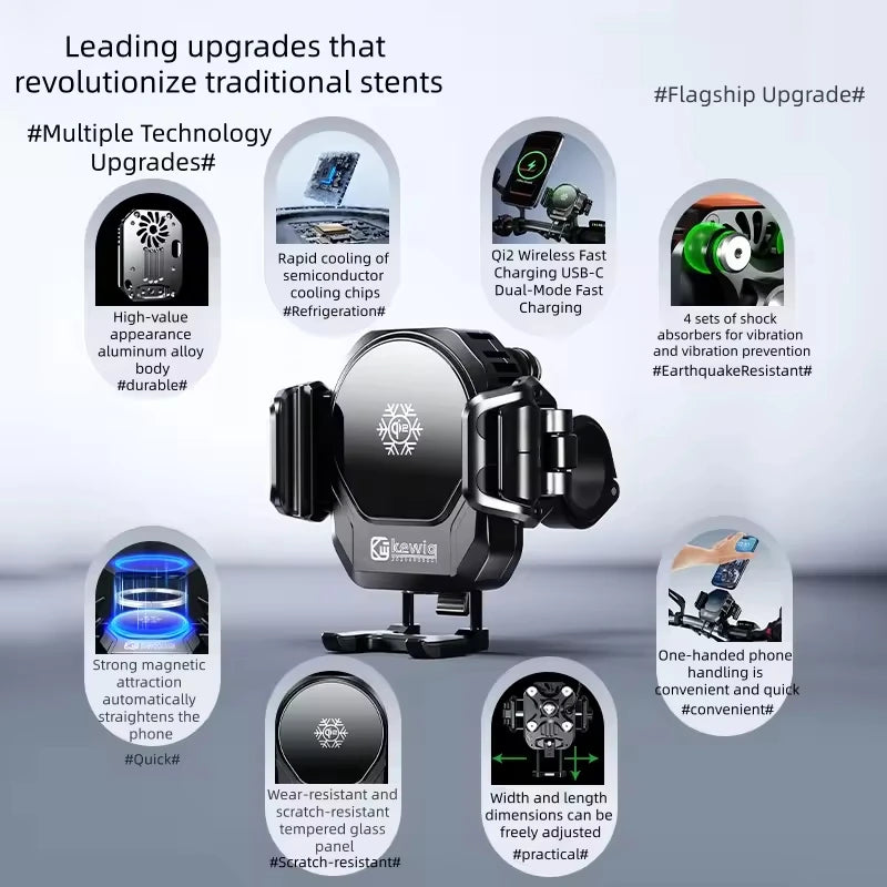 Motorcycle Phone Holder with Cooling Fan 15W Qi Wireless Charging 36W USB-C Fast Charge Anti-Vibration Aluminum Bike Mount