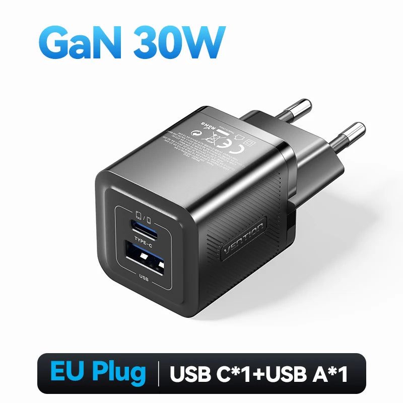 Vention 30W GaN USB Type C Charger PD 3.0 Dual Ports Fast Charging for iPhone 8-16 Tablet Xiaomi Samsung USB Type C USB Charger