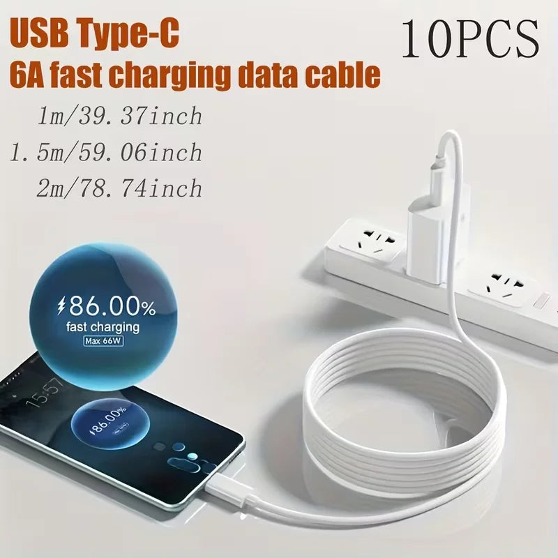 10-Pack 3.3FT/1M 6A Fast Charging USB to Type C Cable for OnePlus POCO Samsung OPPO VIVO Honor - Versatile Charging & Data Sync Cord for USB-C Devices