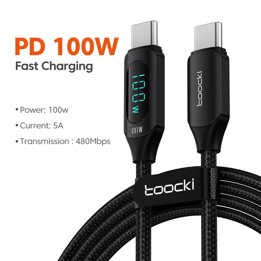 Toocki Type C to Type C Cable 100W PD Fast Charging Charger USB C to USB C Display Cable For iPhone Samsung Huawei OPPO ViVO