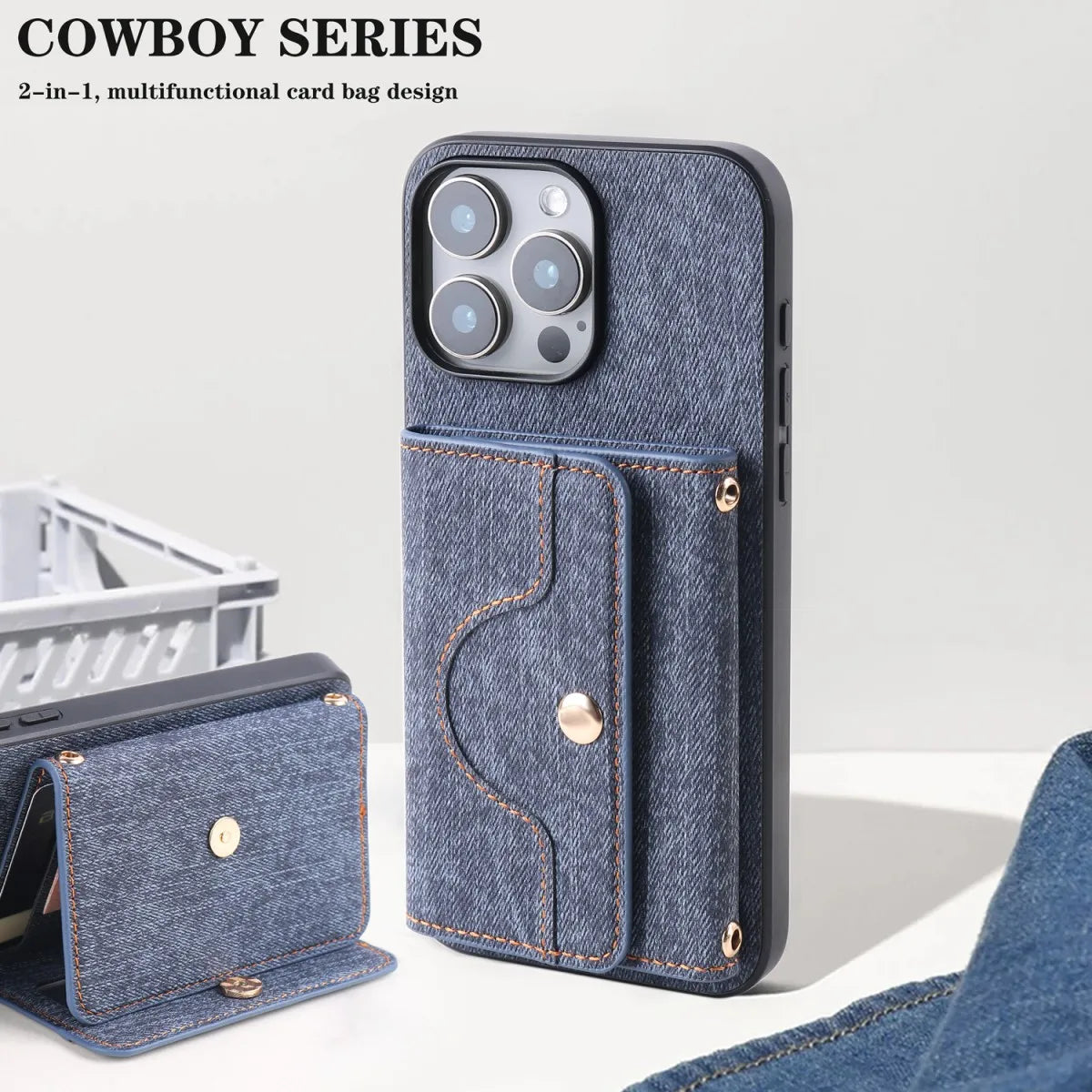 Denim Textured TPU+PU Leather Case for iPhone 12 13 14 15 11 16e Pro/Plus/ProMax Fashionable and Simple Rope Hanging Mirror Card