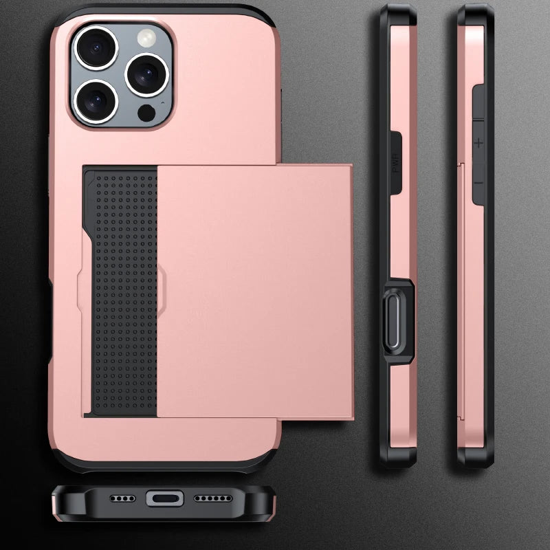 Push Pull Wallet Card Slot Solid Color Shockproof Phone Case For iPhone 16 Pro Max 14 11 12 13 15 Pro Max Mini Bumper Back Cover