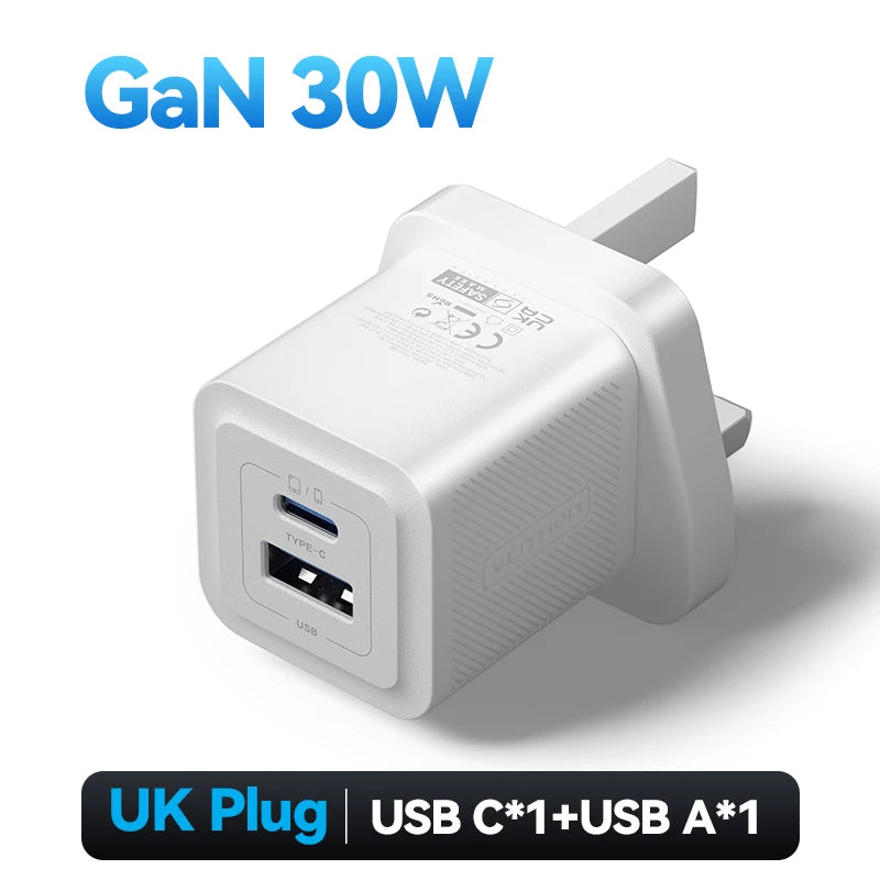 Vention 30W GaN USB Type C Charger PD 3.0 Dual Ports Fast Charging for iPhone 8-16 Tablet Xiaomi Samsung USB Type C USB Charger