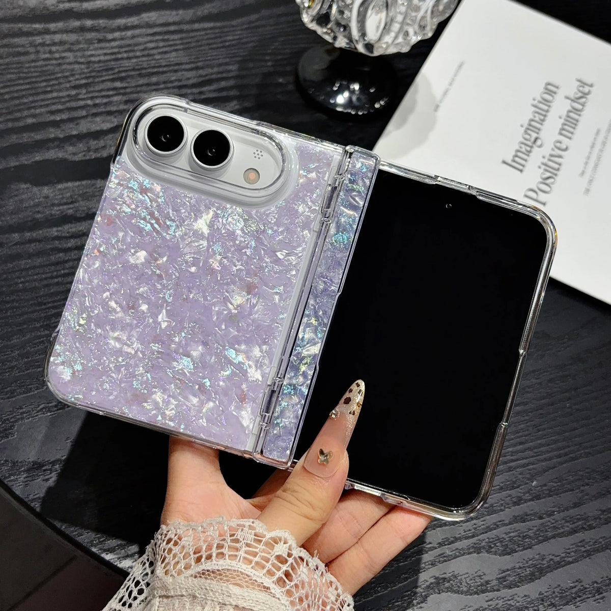 Fashion INS IMD Iridescent Shell Glitter Flip Phone Case For IPhone Duo 18 Fold Skin Feel Hinge Full-protecto Shockproof Cover