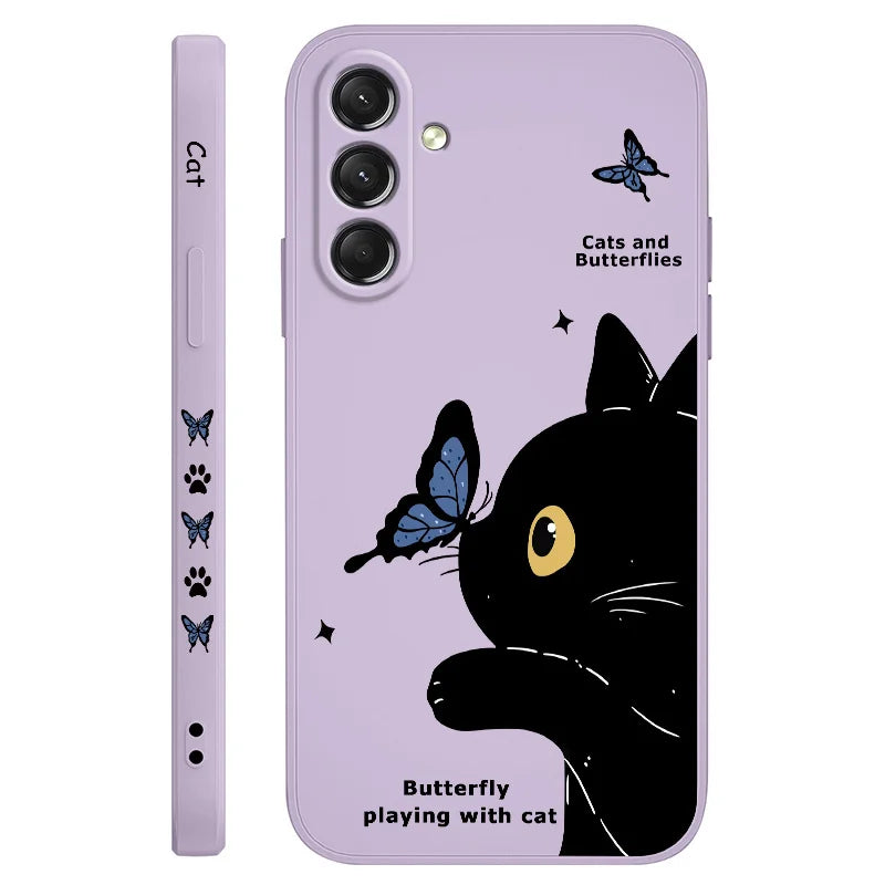 Cat Butterfly Phone Case For Samsung Galaxy S25 S24 S23 S22 S21 S20 S10 Ultra Plus FE Note 20 Ultra 10 Plus Cover