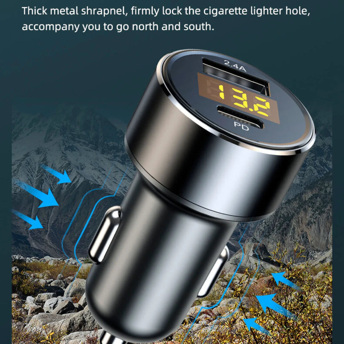 Car Charger Dual USB 18W PD Quick Charge LED Voltmeter Display Aluminum Alloy 12V-24V Fast Charging Adapter for Phone Tablet GPS
