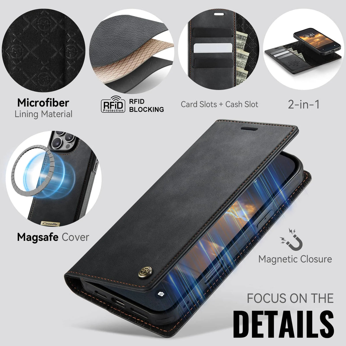 For iPhone 16e 16 15 14 13 12 11 Pro Max Detachable Wallet Case Compatible with Magsafe, 2-in-1 PU Leather Flip RFID Blocking
