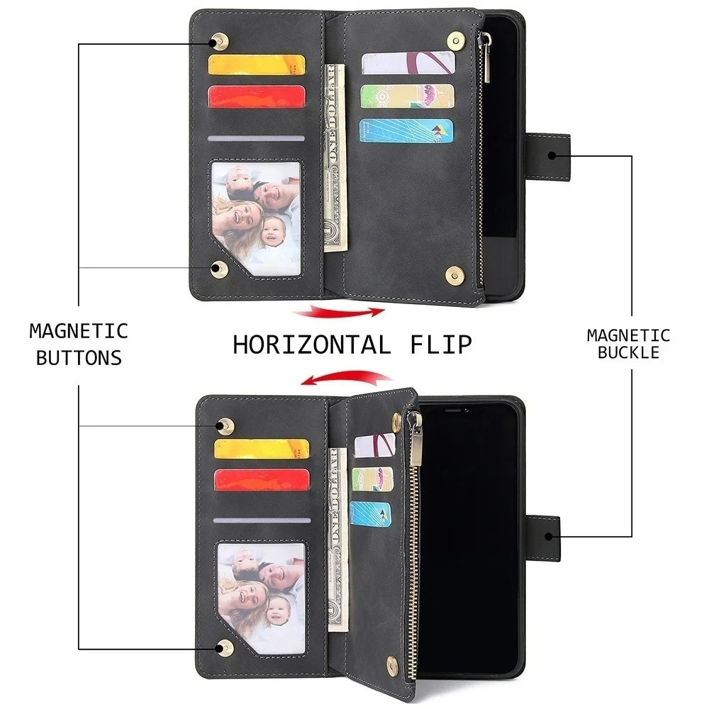 Premium Leather Wallet Case For iPhone 16 15 14 13 12 11 17 Pro Max Plus 17Air 16e Zipper Wallet Card Slots Magnetic Flip Cover