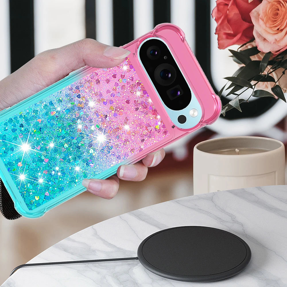 Bling Moving Liquid Floating Sparkle Colorful Glitter TPU Protective Case For Google Pixel 9 Pro XL 8 9A 8A 7A Waterfall Cover