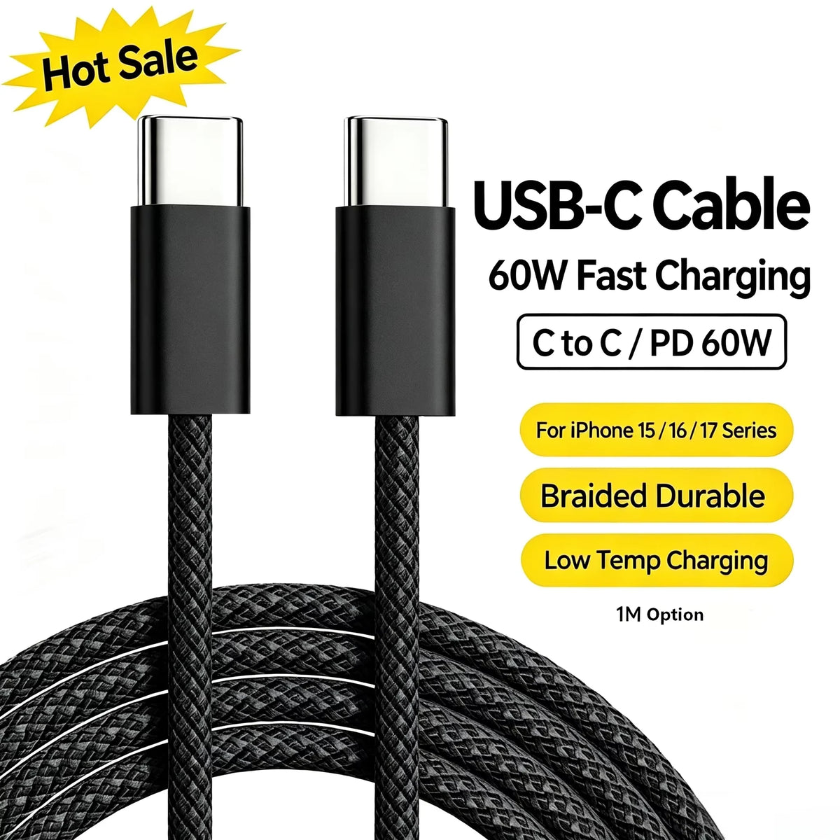 60W PD USB-C to C Fast Charging Braided Low Temp Fast Charging Cable 1M For iPhone 15 16 17 For Xiaomi For Huawei For Samsung