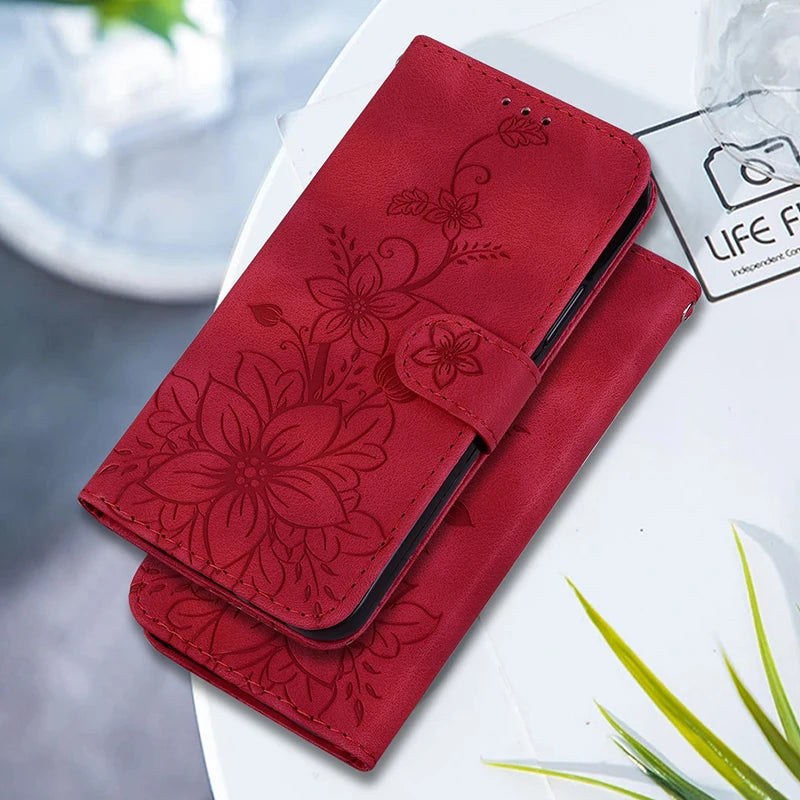 Magnetic Leather Phone Case For Google Pixel 10A 5 6A 8 9A 7 7A Pro Pixel 9 10 Pro XL Embossed Lilies Flip Cover Wallet Case