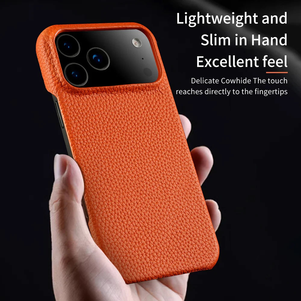 for Magsafe Case for iPhone 17 15 16 18 Pro Max Air Lychee Natural Cowhide Leather Magnetic Protector Luxury Phone Back Cover