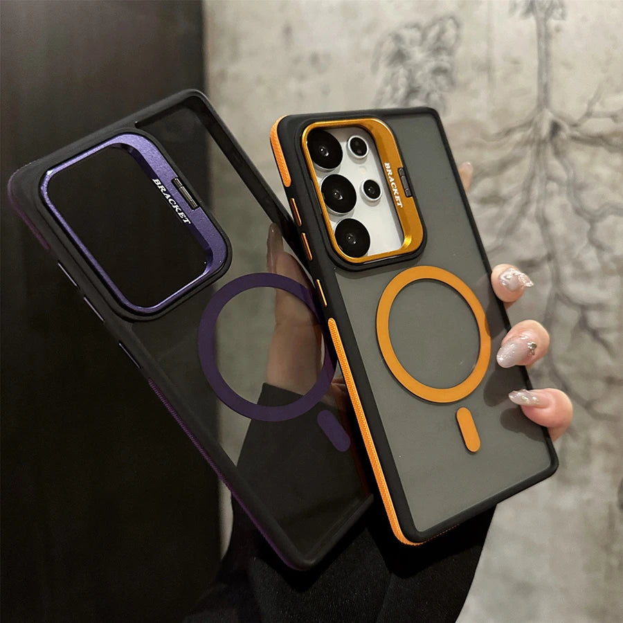 Anti-Slip Magnetic Bracket Phone Case | Compatible with iPhone 17,16,15,14,13,12,11/Pro/Pro Max/Air/Plus and Galaxy S22,S23,S24,S25,S26 Ultra/FE/Plus Series | All-in-One Design with Wireless Charging + Shockproof + Built-in S