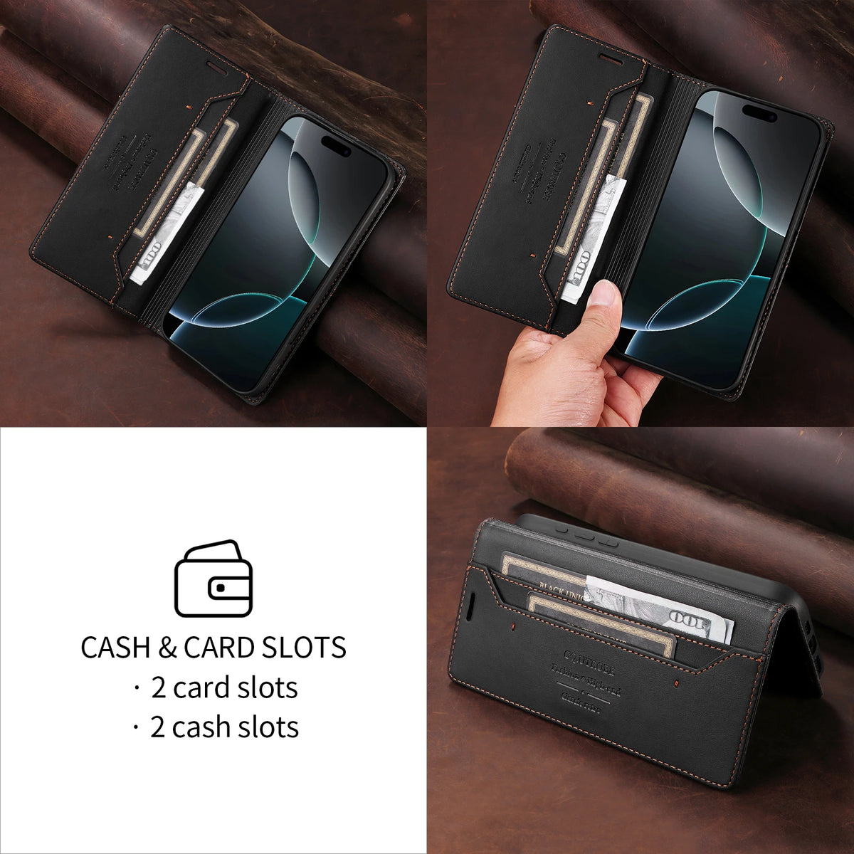 Leather Magnetic Flip Case for iPhone 16 17 15 14 13 12 11 Pro Max 17E 16E Air XR XS Max 7 8 Plus SE 2022 Wallet Slot Phone Case
