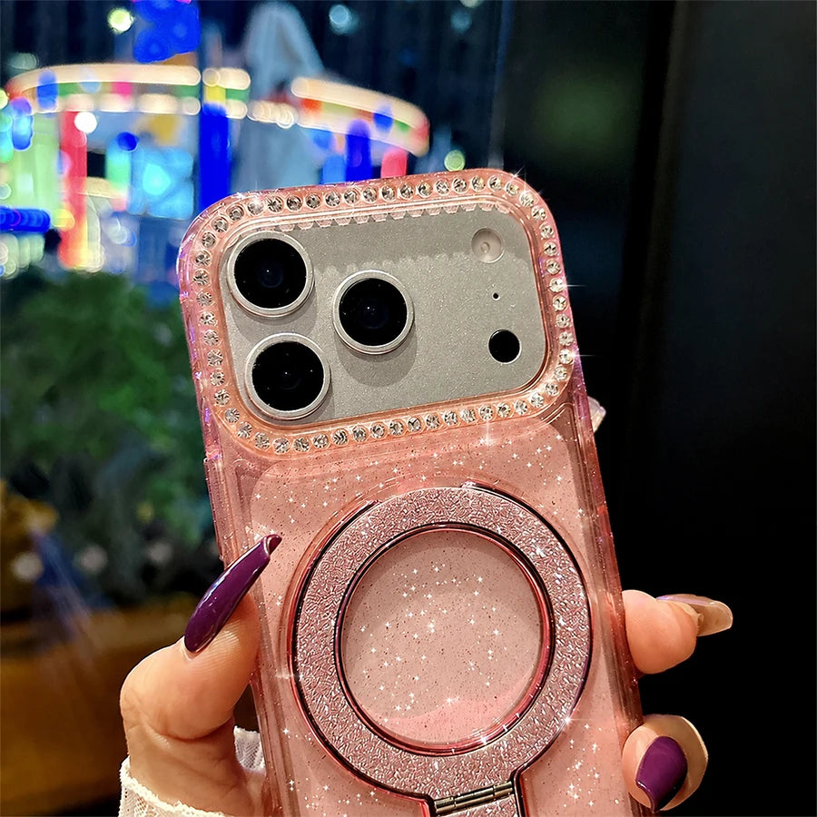 Luxury Sparkling Glitter Magnetic Ring Stand Phone Case for iPhone 18/17 Air/16/15/14/13/12 Pro Max/Pro/Plus Series, Crystal Clear Rhinestone Diamond Protective Cover with Raised Camera Lens Protection, Compatible with MagSaf