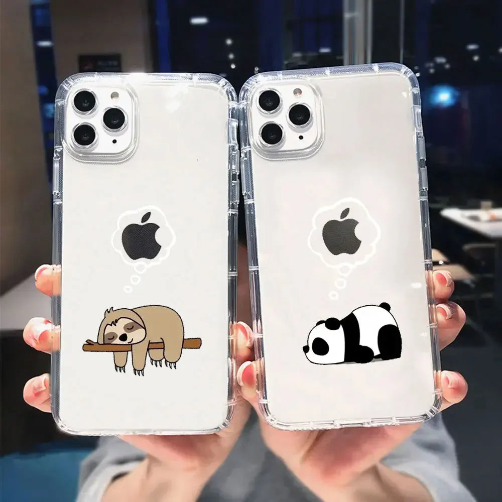 Funny Animal Couple Phone Case for iPhone 17 16 11 12 14 13 15 Pro Max Mini SE4 7 8 Plus 17E Clear Cover Cute Panda Sloth Funda