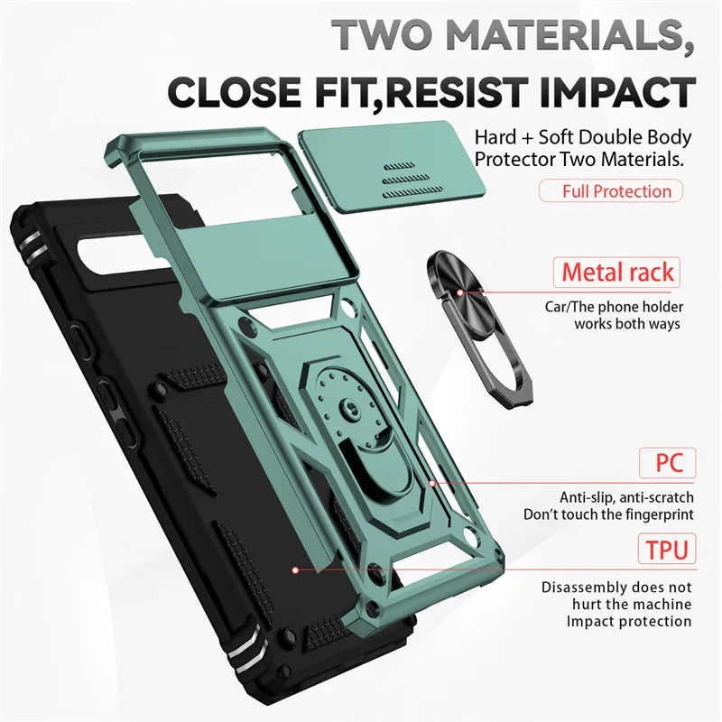 Durable Armor Slide Lens Full Protect Cover for Google Pixel 10 9 8 7 6 A Pro XL 360 Metal Magnetic Ring Holder Shockproof Case