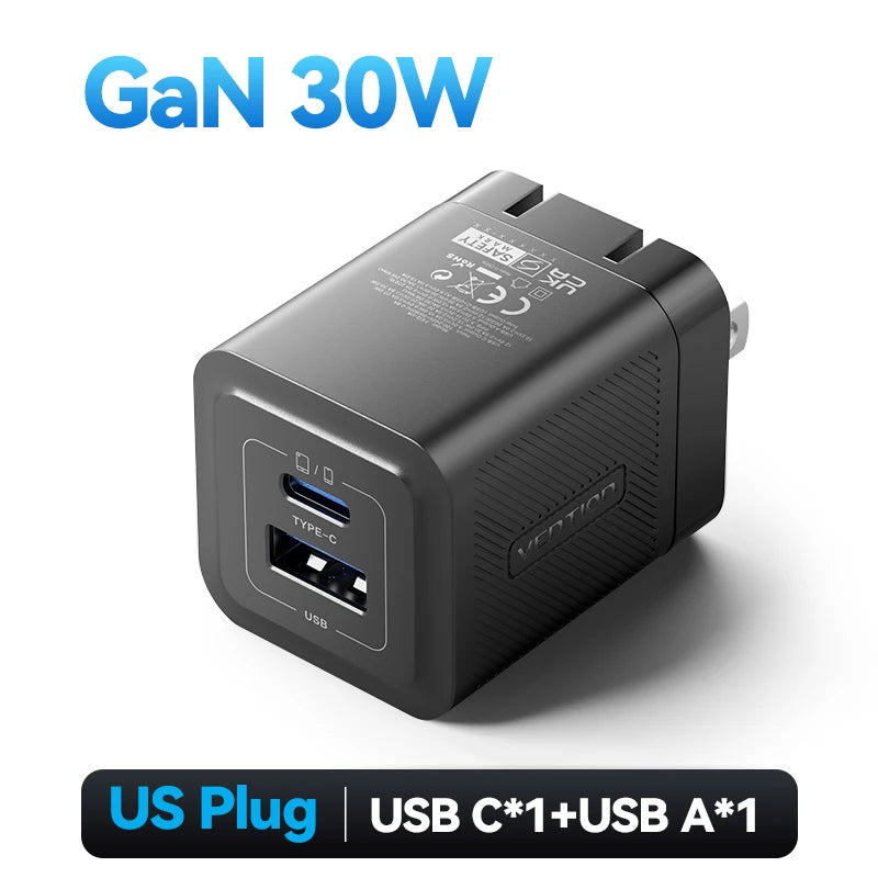 Vention 30W GaN USB Type C Charger PD 3.0 Dual Ports Fast Charging for iPhone 8-16 Tablet Xiaomi Samsung USB Type C USB Charger