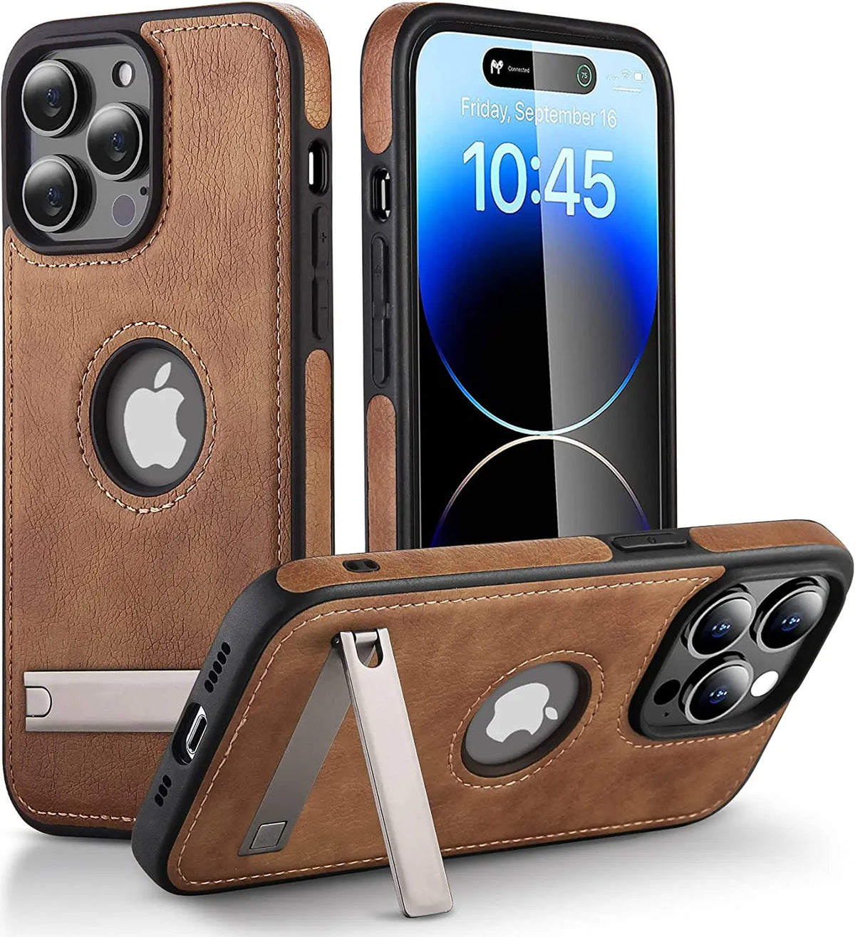 PU Leather Phone Case with Kickstand for iPhone 17 16 15 Pro Max 14 Plus 13 12 11 Mini Soft Grip Luxury Back Cover with Stand