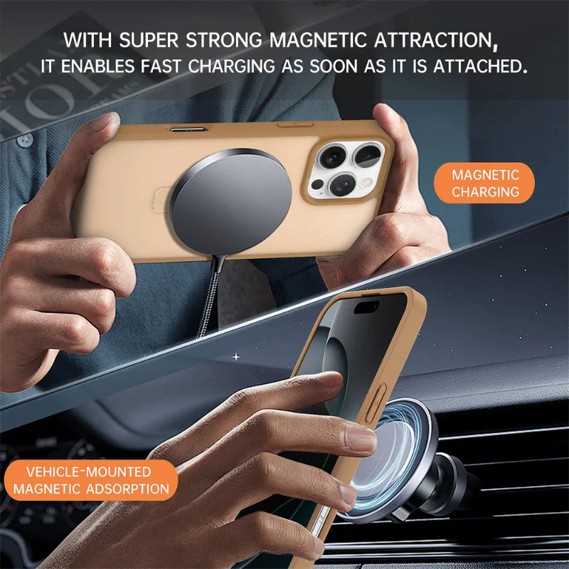 Shockproof Magnetic Kickstand Matte Case For iPhone 16 15 14 Plus 13 12 11 Pro Max Case With Holder Stand Cover for Magsafe