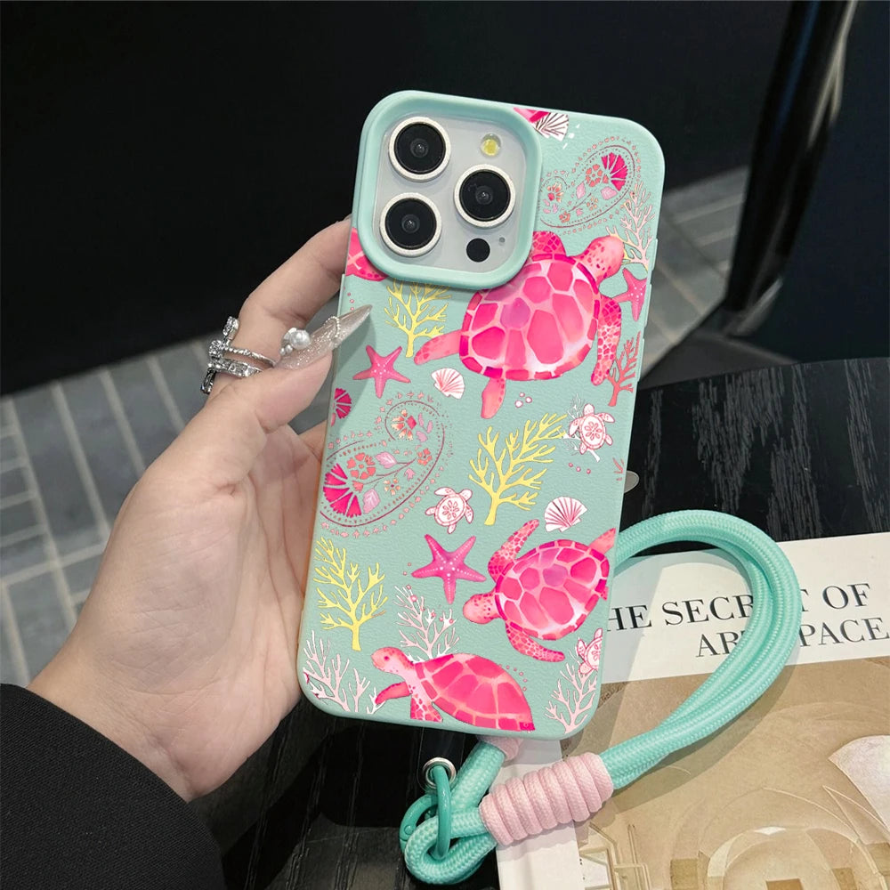 Wrist Strap Case For iPhone 18 13 14 Pro Max Cases iPhone 11 12 17 ProMax 13 15 Plus Coastal Sea Turtle With Lanyard Cover