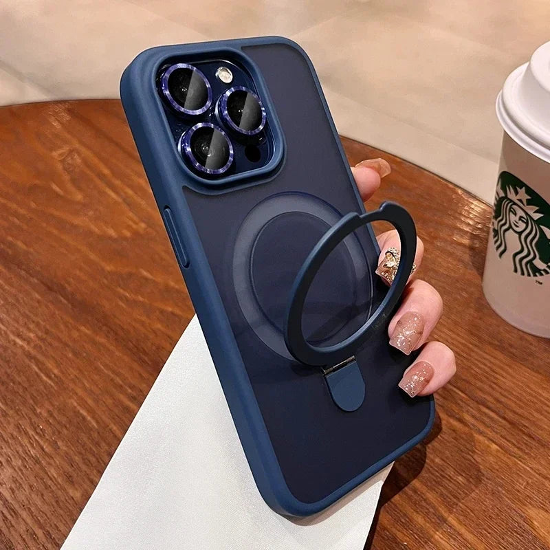 Matte Ring Holder Glass Lens Phone Case For iPhone 16 17 15 14 13 12 11 Pro Max For Magsafe Wireless Magnetic Hard Bumper Cover