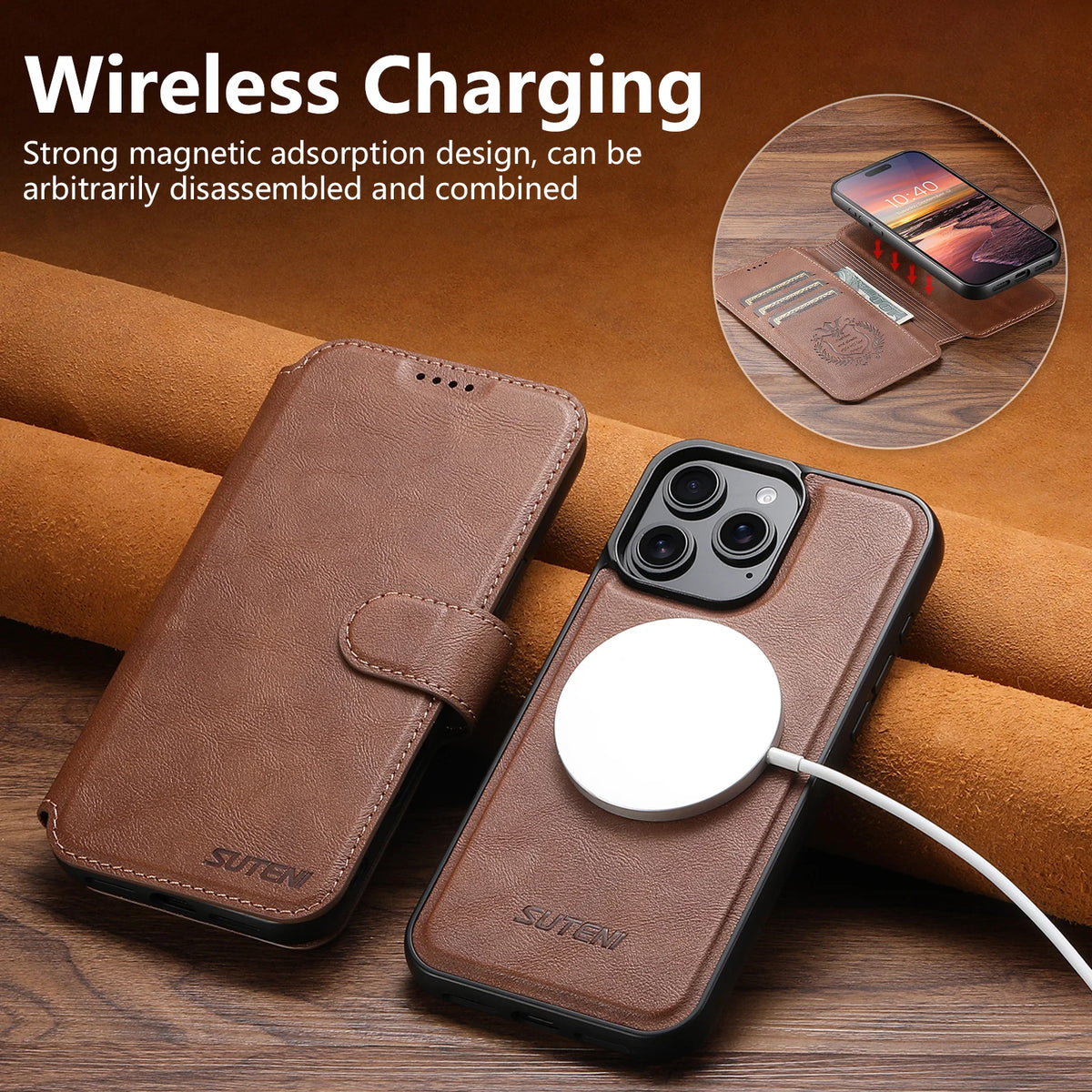 SUTENI Faux Leather Wireless Charging Card Holder Stand Wallet Magnetic Flip Cover Phone Case For iPhone 18 Pro Max 17 16 Plus