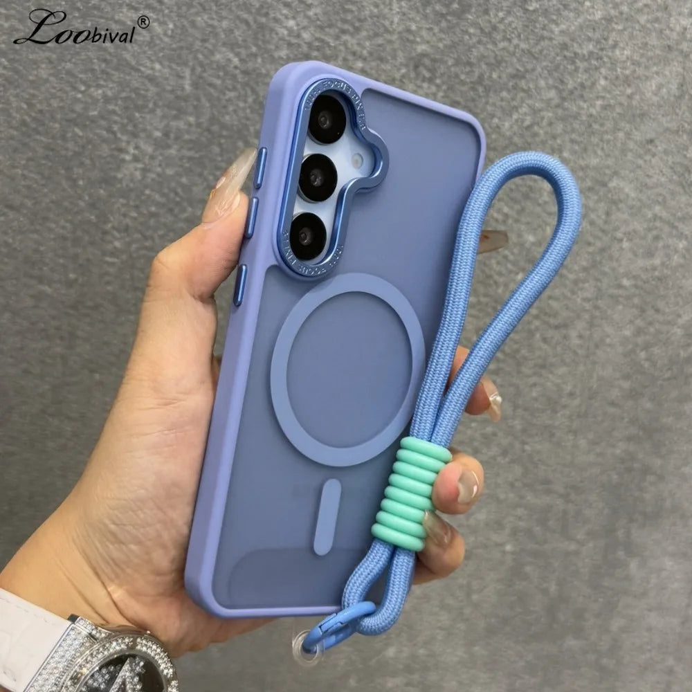 Luxury Matte Magnetic Lanyard Case for Samsung Galaxy S26 S25 Ultra S23 Plus S24 FE Hand Wrist Strap Frosted Shockproof Cover