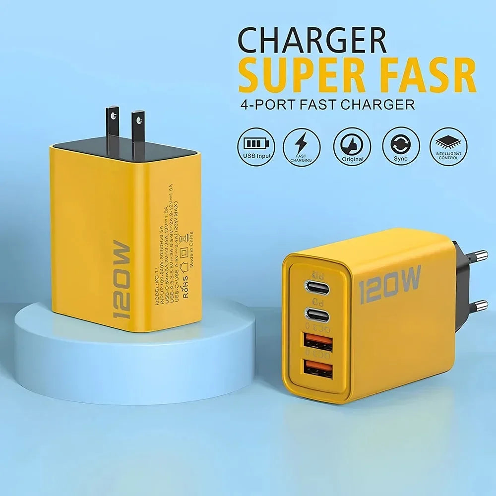 Total 120W USB Type C Charger Quick Charge Muti 4 Ports Adapter for iPhone Samsung Xiaomi 15 Mobile Phone Fast Charging Charger