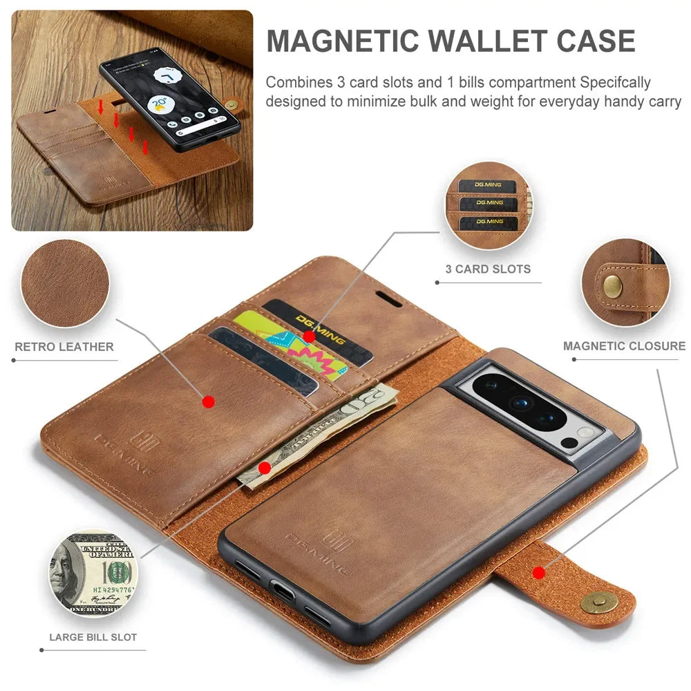 Luxury 2 in 1 Leather Detachable Hold Card Wallet Magnetic Flip Phone Cover Case For Google Pixel 8 Pro 5A 6 6Pro 6A 7 7A 9 10A