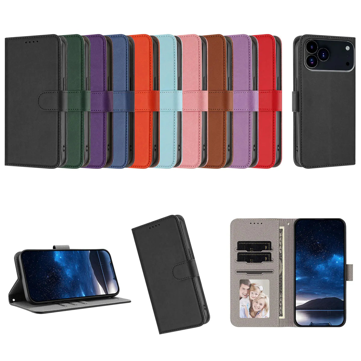For iPhone 17 Pro Max Solid Color Luxury Leather Flip Case on For iPhone 17 16 15 14 13 12 Pro Max Plus 17 Air 16E Wallet Cover