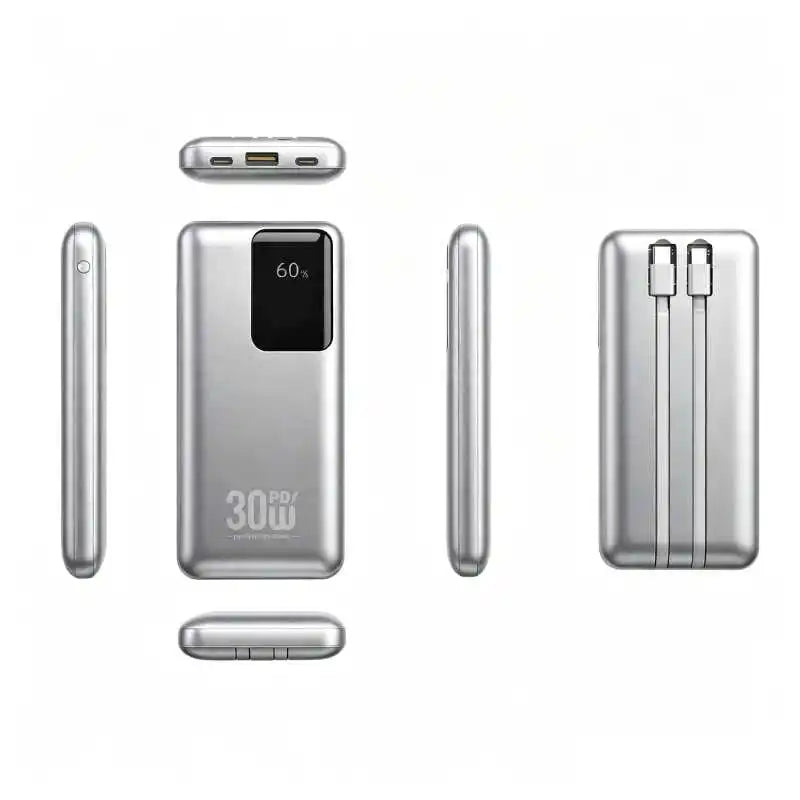 10000mAh 30W PD Fast Charging Power Bank Built-in 2 Cables Portable External Battery Pack LED Digital Display Slim Metal Powerbank For iPhone 18 Pro Android Travel
