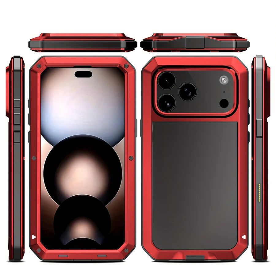 Heavy Duty Metal Armor Phone Case with Built-In Glass Screen Protector, 360° Full Body Rugged Shockproof Dustproof Protective Cover, Compatible with iPhone 18/17/Air/16/15/14/13/12/11, Pro, Pro Max, Plus, Mini, XR, XS, X, SE