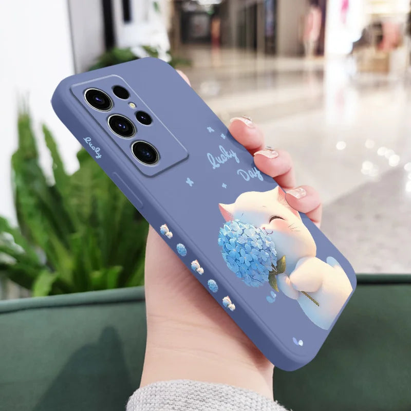 Blue Silk Cat Phone Case For Samsung Galaxy S25 FE S24 S23 S22 S21 S20 S10 S10E Ultra Plus FE Note 20 Ultra Plus Cover