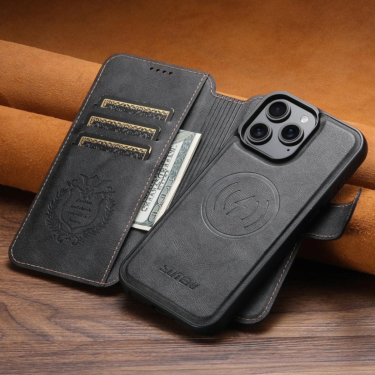 SUTENI Faux Leather Wireless Charging Card Holder Stand Wallet Magnetic Flip Cover Phone Case For iPhone 18 Pro Max 17 16 Plus