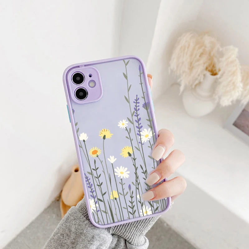 Painted Flower Phone Case For iPhone 15 13 14 12 11 Pro Max Mini 7 8 Plus SE Mini Shockproof Matte Hard Back Cover Shell Fundas