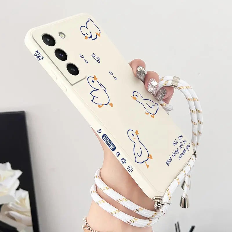 Happy Baby Duck Crossbody Lanyard Silicone Phone Case For Samsung Galaxy S23 S22 S21 S20 S10 S8 Plus Note 20 ultra 10 Plus Cover