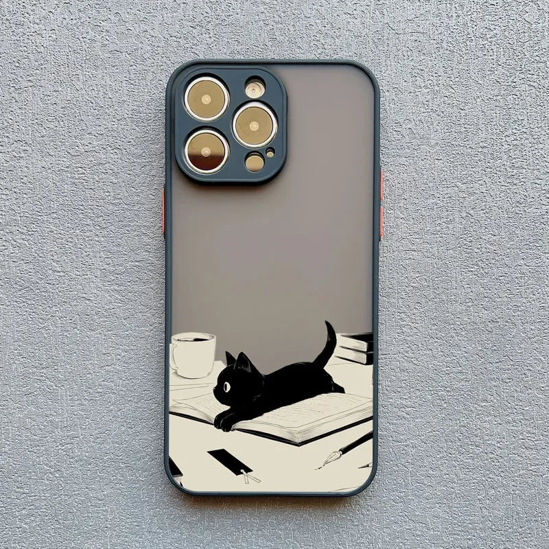 Luxury Funny Cartoon Black Cat Phone Case For iPhone 17 16 15 14 13 12 11 Pro Max Mini 7 8 Plus SE Shockproof Matte Hard Cover