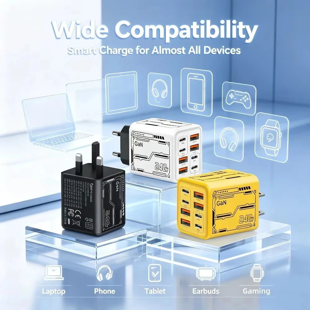 Lenovo 8‑in‑1 240W Multi-Port Charger 4USB 4Type C with PD Fast Charging Charging Station for Smartphone Universal EU US UK Plug