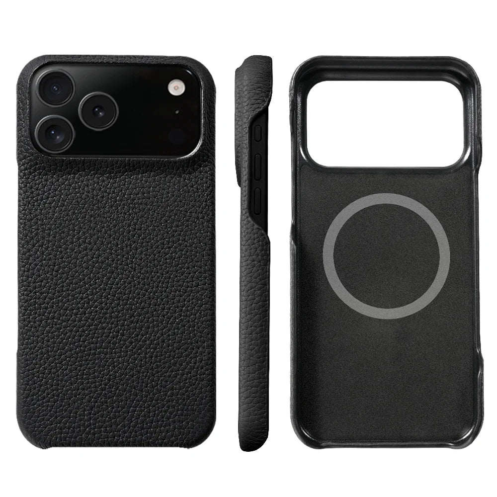 for Magsafe Case for iPhone 17 15 16 18 Pro Max Air Lychee Natural Cowhide Leather Magnetic Protector Luxury Phone Back Cover
