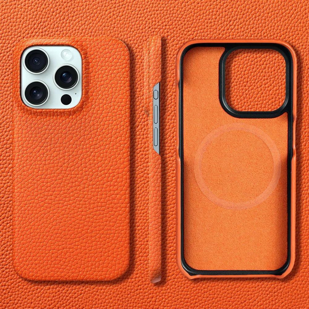for Magsafe Case for iPhone 18 17 15 16 Pro Max Air 17Pro Natural Cowhide Lychee Leather Magnetic Protector Luxury Phone Cover