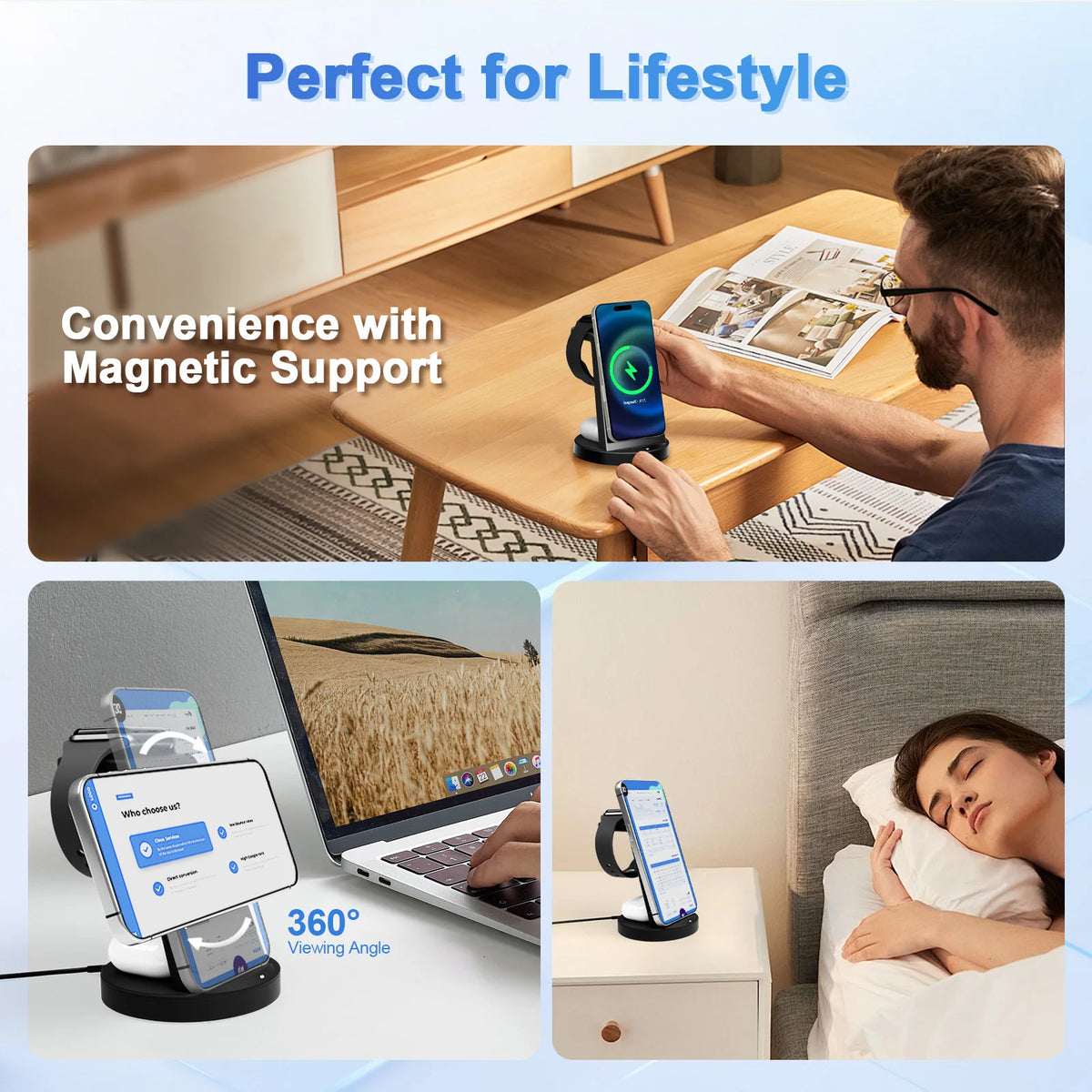3 in 1 Wireless Charger Desktop Foldable 15W Fast Charging Stand For iPhone 17 16 15 14 13 12 11 X 8 Apple Watch Airpods
